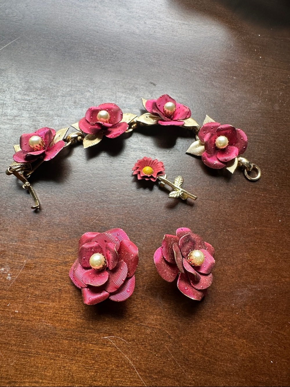 Precious vintage bracelet and clip on earring set with bonus brooch